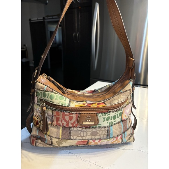 Vintage Etienne Aigner Tuscon Patchwork Canvas Shoulder Purse Neutral Tones - Picture 1 of 9